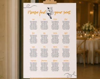 Plantilla de plano de asientos para bodas con diseño de gato dibujado a mano, cartel original para encontrar tu asiento (plantilla de Canva) (WT01)