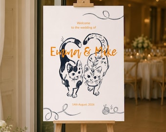 Plantilla de cartel de bienvenida para boda con temática de gatos, póster decorativo DIY con diseño original dibujado a mano, plantilla editable de Canva (descarga digital) (WT01)