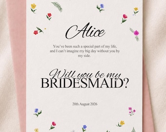 Tarjeta de felicitación con diseño de flores silvestres para pedirle a alguien que sea mi dama de honor, propuesta para dama de honor, plantilla editable.