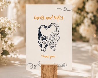 Plantilla de letrero para tarjetas y regalos dibujados a mano, decoración de boda con gatos caprichosos (plantilla de Canva) (WT01)