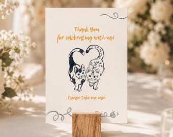 Letrero de recuerdo de boda dibujado a mano, Letrero de gato caprichoso "Por favor, tome uno" (Plantilla de Canva) (WT01)