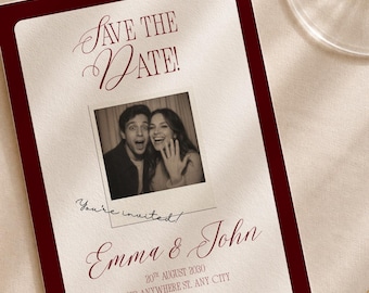 Plantilla para reservar la fecha con foto, invitación de fotomatón vintage, anuncio de boda imprimible de estilo clásico (plantilla de Canva) (WT02)