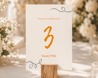Números de mesa de boda dibujados a mano, letreros de mesa de boda originales (plantilla de Canva) (WT01)