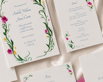 Conjunto de invitaciones de boda florales dibujadas a mano, invitación rústica bohemia romántica, detalles y tarjeta de confirmación de asistencia (plantilla de Canva) (WT04)
