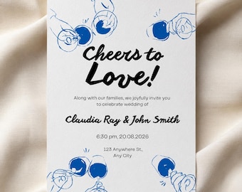 Plantilla de invitación de boda, diseño azul "Cheers to Love" dibujado a mano, paquete editable de Canva (descarga digital)