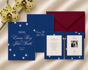 Conjunto de invitaciones de boda originales, invitación azul cobalto celestial, tarjeta de detalles, tarjeta de confirmación de asistencia (plantilla de Canva) (WT05)