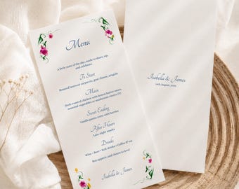 Plantilla de menú de boda dibujada a mano, tarjeta de mesa floral caprichosa (plantilla de Canva) (WT04)