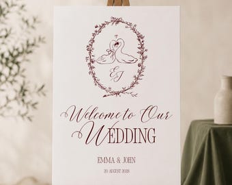 Romantic Swan Wedding Welcome Sign Template, Vintage Burgundy Luxury Decor DIY Poster, Editable (Canva Template)(WT02)