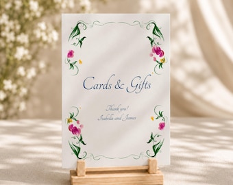 Plantilla de cartel para bodas con tarjetas y regalos, decoración floral original para bodas, tarjeta de mesa imprimible (plantilla de Canva) (WT04)