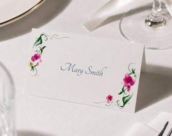 Plantilla de tarjetas de mesa para bodas con un toque original, tarjetas de nombre plegables y planas, tarjetas de mesa para bodas dibujadas a mano, tarjeta de mesa floral (plantilla de Canva) (WT04)