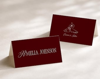 Hand Drawn Swan Wedding Name Cards, Romantic Luxury Wedding Placecards, Old Money Burgundy Place Card (Canva Template)(WT02)
