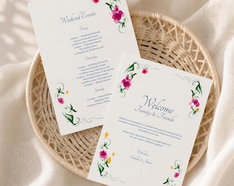 Tarjeta de bienvenida para la boda, cronograma de itinerario de fin de semana con temática floral bohemia, nota de bienvenida dibujada a mano (plantilla de Canva) (WT04)
