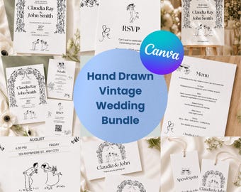 Paquete de papelería de boda botánica vintage, plantilla de Canva con pareja dibujada a mano, conjunto de papelería de boda con temática de jardín caprichoso