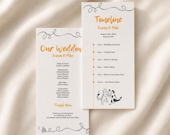 Plantilla de programa de boda con gato dibujado a mano, cronograma de boda ilustrado, programa de ceremonia (plantilla de Canva) (WT01)