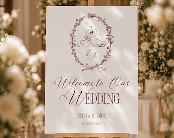 Plantilla de cartel de bienvenida para bodas, decoración de boda con cisnes vintage (plantilla de Canva) (WT02)