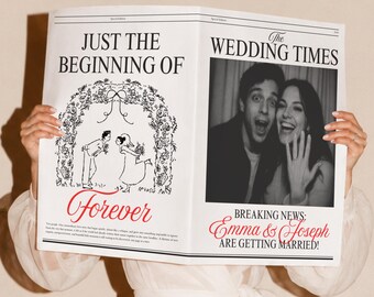 Plantilla de periódico para anunciar la fecha de la boda, plantilla ilustrada y divertida para periódico de bodas en Canva, anuncio de boda imprimible (plantilla de Canva) (WT03)