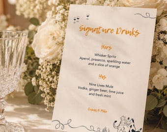 Plantilla de letrero para bebidas de boda dibujada a mano, cócteles para él y para ella con gatos caprichosos (plantilla de Canva) (WT01)