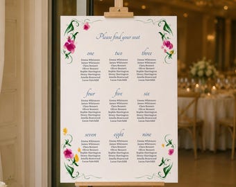 Plano de asientos para bodas con motivos florales y números de mesa a juego, ilustración floral dibujada a mano, cartel para encontrar su asiento (plantilla de Canva) (WT04)