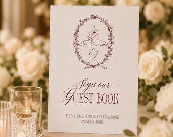 Plantilla para libro de visitas, decoración vintage de cisnes para recepción, tarjeta de boda imprimible de estilo clásico (plantilla de Canva) (WT02)