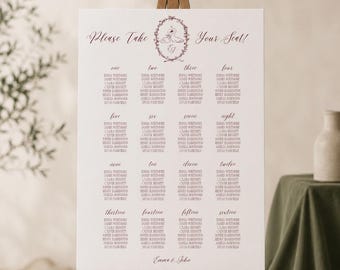 Romantic Swan Wedding Seating Chart Template, Luxury, Burgundy Find Your Seat Sign (Canva Template)(WT02)