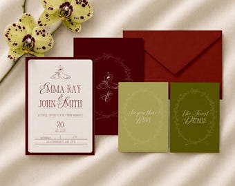 Romantic Luxury Swan Wedding Invitation Suite, Old Money Burgundy Invite, Details and RSVP Card (Canva Template)(WT02)