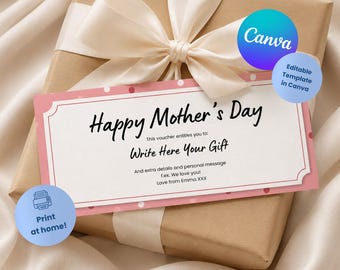 Plantilla de vale para el Día de la Madre, certificado de regalo editable en Canva, entradas para imprimir en casa (descarga digital)