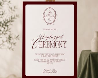 Letrero de bienvenida para ceremonia de boda "Old Money Unplugged", Letrero de bienvenida de boda elegante y vintage (Plantilla de Canva) (WT02)