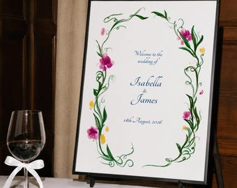 Letrero de bienvenida floral para bodas, letrero de boda original dibujado a mano, póster de bienvenida imprimible (plantilla de Canva) (WT04)