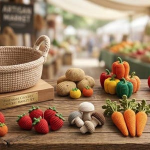 以下が含まれることがあります： 2つの持ち手が付いたベージュの編みかごが、「HANDMADE CROCHET GROCERY MARKET SET」と書かれた木製の台座の上に置かれています。その横には、キャベツ、トマト、イチゴ、キノコ、ニンジン、ラディッシュなど、かぎ針編みで作られた様々な野菜や果物が並んでいます。