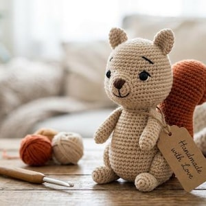 May include: A crocheted squirrel toy in light beige with a dark orange tail, featuring embroidered eyes and a nose. A brown paper tag attached to the squirrel reads "Handmade with Love". A wooden crochet hook and two small yarn balls sit nearby.