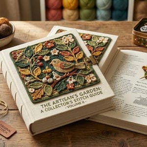 Puede incluir: Un libro de tapa dura titulado The Artisan's Garden: A Collector's Stitch Guide - Volume II, con una aplicación de ganchillo texturizada y multicolor de flores y un pájaro en la portada, acompañado de ganchillos de madera y ovillos de lana.