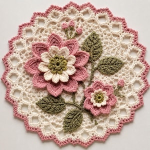 Pode incluir: Uma toalha de mesa redonda feita à mão em crochê, com um design floral. A toalha de mesa tem um centro de trabalho aberto creme com uma borda rosa ondulada. Flores rosa e brancas com folhas verdes são feitas em crochê na toalha de mesa.