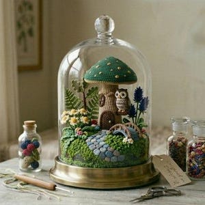 May include: A glass cloche dome on a brass base containing a crocheted diorama with a green mushroom house, a small owl, a stone-look path, a blue bridge, and various crocheted plants. Two small glass jars with colorful contents sit nearby.