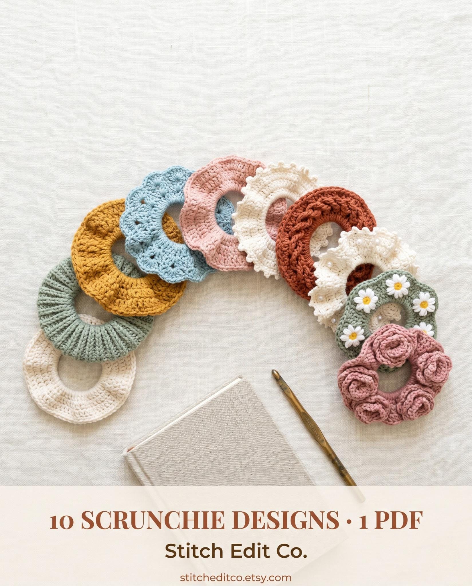 20 Crochet Scrunchies with Cherries, Ruffles, Shells, and Stars 13 Crochet Scrunchie Pattern Bundle