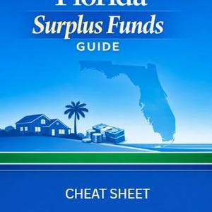 May include: A blue guide titled "Florida Surplus Funds GUIDE" with a map of Florida, a house, palm tree, and stacks of money. The words "CHEAT SHEET" are at the bottom. The background is a gradient of blue.
