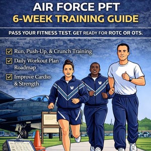 Può includere: Una guida illustrata intitolata "AIR FORCE PFT 6-WEEK TRAINING GUIDE". L'immagine presenta tre persone che corrono, che indossano abbigliamento sportivo. La guida promette di aiutarti a superare il tuo test di idoneità fisica e prepararti per ROTC o OTS. Include corsa, flessioni, allenamento crunch, un piano di allenamento giornaliero e miglioramento di cardio e forza.