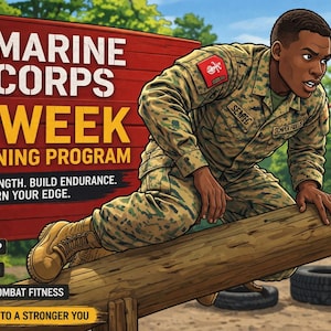 May include: An illustration promoting a Marine Corps 6-week training program. The image features a person in camouflage uniform navigating a wooden beam. Text includes "Marine Corps," "6-Week Training Program," and exercise icons. The program promises to build strength and endurance.