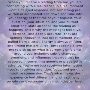 Real Person Real Time page on a soft purple galaxy background, describing how each tarot and psychic reading is written personally for you in the moment as a live, one to one intuitive connection.