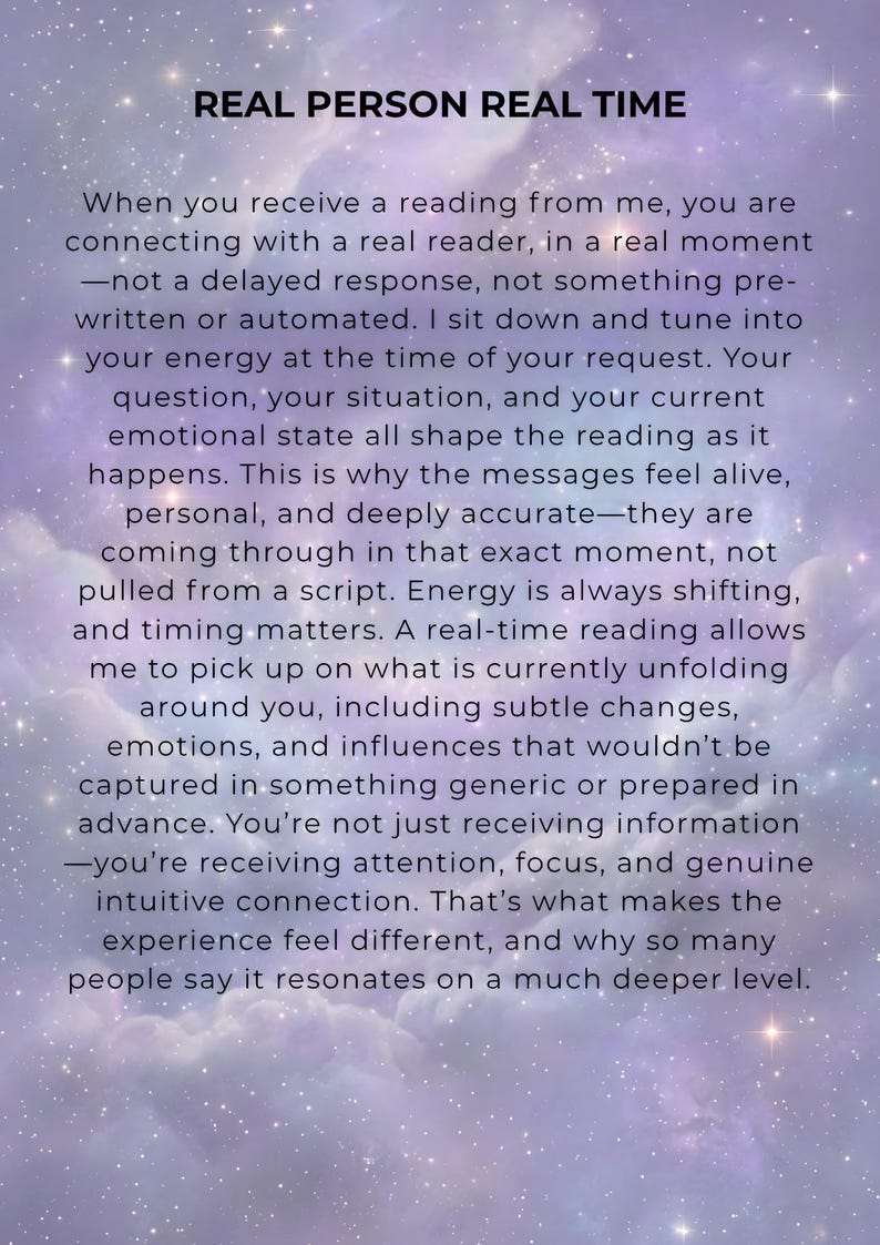 Real Person Real Time page on a soft purple galaxy background, describing how each tarot and psychic reading is written personally for you in the moment as a live, one to one intuitive connection.