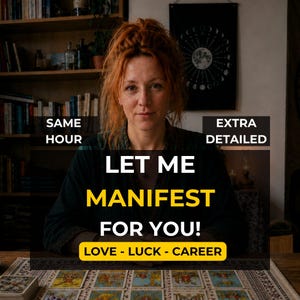 Op de afbeelding: Een vrouw met rood haar staat centraal in de afbeelding, met de tekst "LET ME MANIFEST FOR YOU!" eronder. De tekst "LOVE - LUCK - CAREER" staat onderaan. De woorden "SAME HOUR" en "EXTRA DETAILED" zijn ook aanwezig.