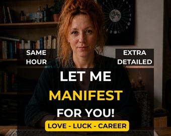 Op de afbeelding: Een vrouw met rood haar staat centraal in de afbeelding, met de tekst "LET ME MANIFEST FOR YOU!" eronder. De tekst "LOVE - LUCK - CAREER" staat onderaan. De woorden "SAME HOUR" en "EXTRA DETAILED" zijn ook aanwezig.