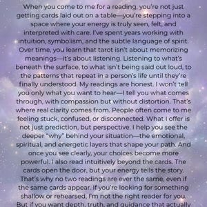 Why Choose This Reading page on a lavender cosmic background, explaining how this tarot reading goes beyond the cards into honest, intuitive guidance and the deeper emotional and energetic story behind your situation.