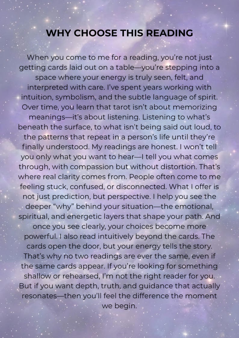 Why Choose This Reading page on a lavender cosmic background, explaining how this tarot reading goes beyond the cards into honest, intuitive guidance and the deeper emotional and energetic story behind your situation.