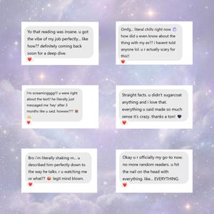 Screenshots of Instagram messages from clients on a starry purple background, sharing positive feedback about how accurate and personal their psychic and tarot readings felt.