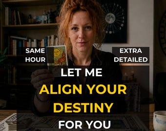 Op de afbeelding: Een vrouw houdt een tarotkaart vast met een zonillustratie. De tekst op de afbeelding luidt "SAME HOUR", "LET ME ALIGN YOUR DESTINY FOR YOU" en "EXTRA DETAILED". De achtergrond bevat een boekenplank en een maancyclus kunstwerk.