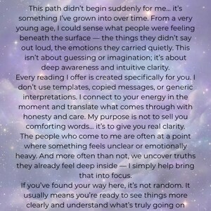 Who Is Eve page on a dreamy purple and lavender starry background, introducing an intuitive psychic and tarot reader who senses what people feel beneath the surface and offers honest, personalized clairvoyant readings.