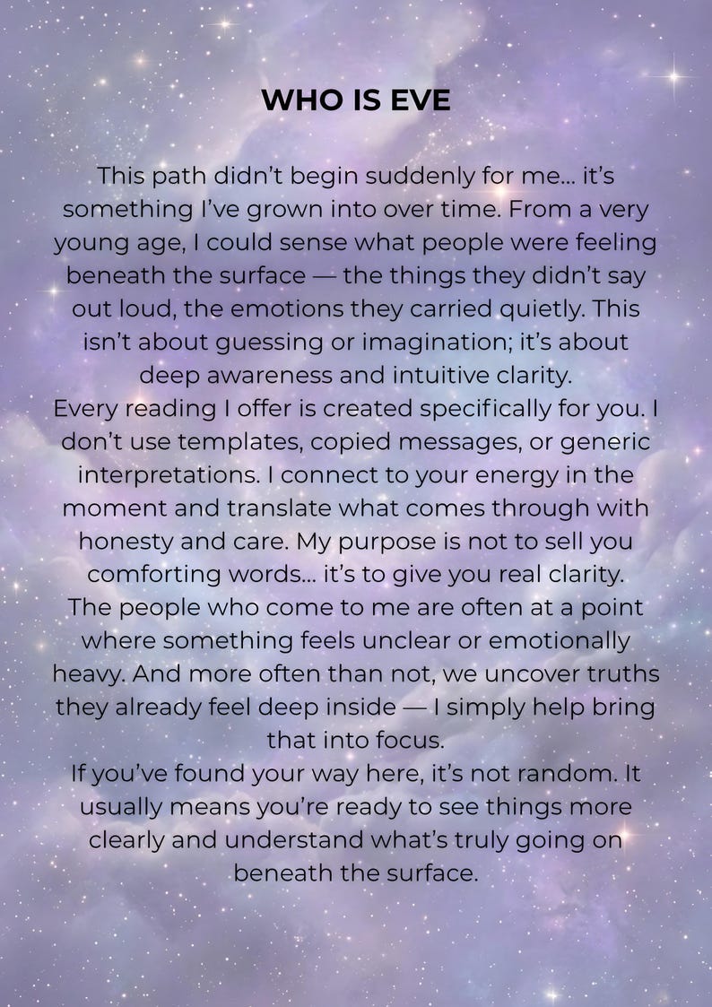 Who Is Eve page on a dreamy purple and lavender starry background, introducing an intuitive psychic and tarot reader who senses what people feel beneath the surface and offers honest, personalized clairvoyant readings.