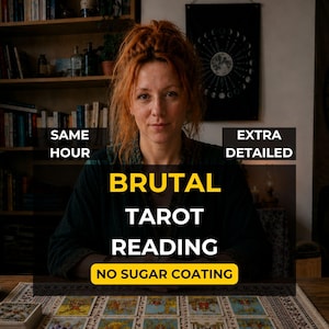 May include: A woman with red hair is centered in the image, with text that reads "BRUTAL TAROT READING" and "NO SUGAR COATING." The words "SAME HOUR" and "EXTRA DETAILED" are also visible. Tarot cards are laid out on a table in the foreground.