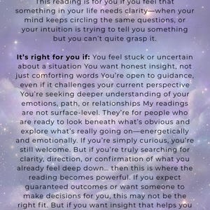 Is This Reading Right For You page on a cosmic purple starlit background, explaining that this honest intuitive tarot and psychic reading suits anyone seeking clarity and real guidance rather than only comforting words.