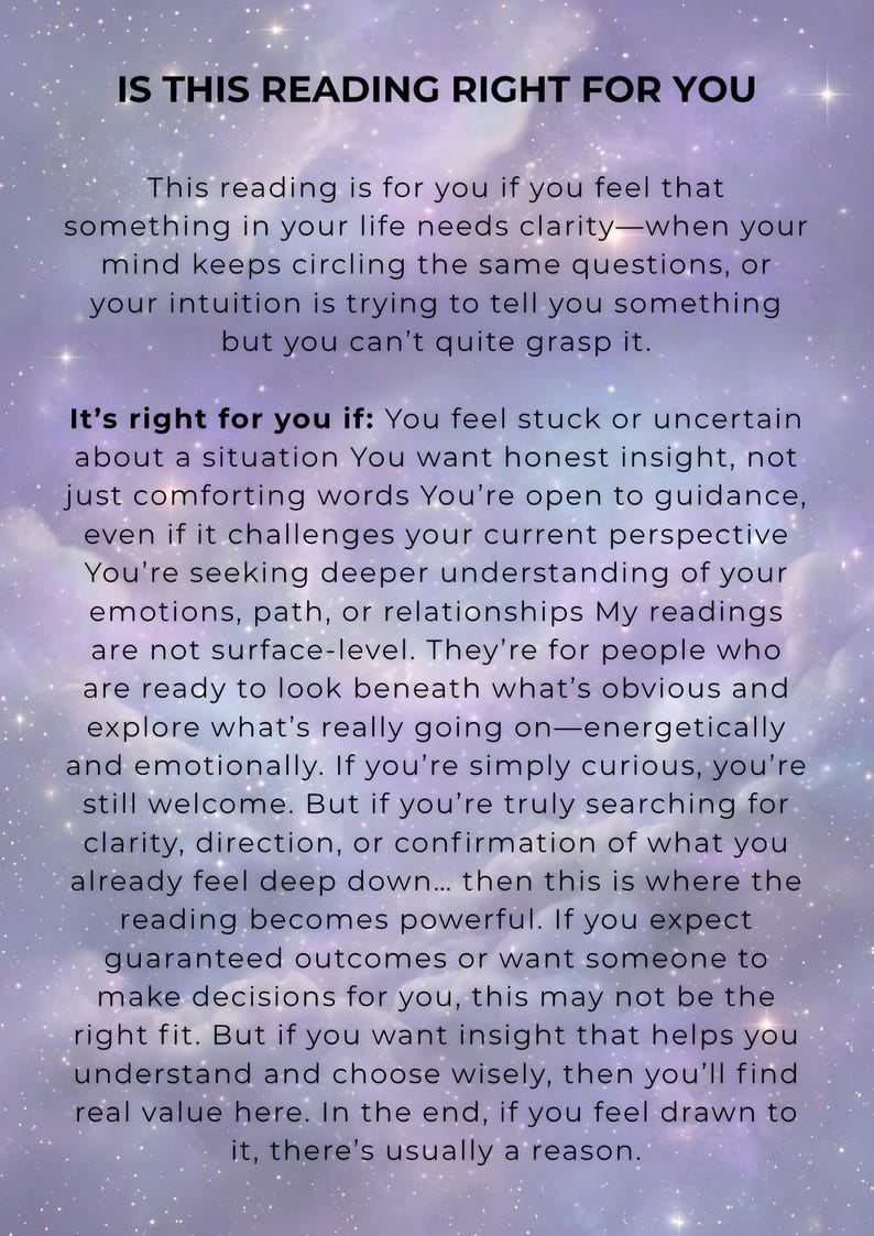 Is This Reading Right For You page on a cosmic purple starlit background, explaining that this honest intuitive tarot and psychic reading suits anyone seeking clarity and real guidance rather than only comforting words.